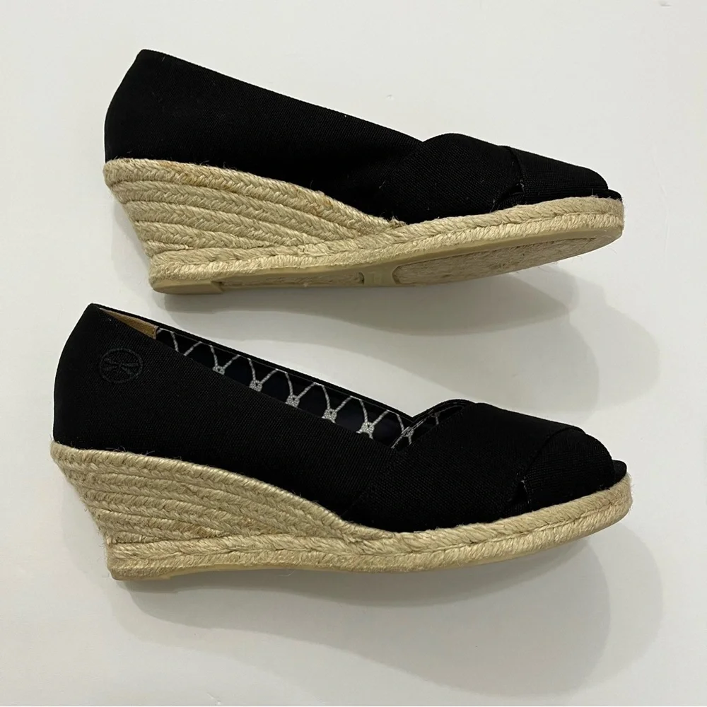 Talbots Black Slip On Espadrille Wedge Jute Shoe